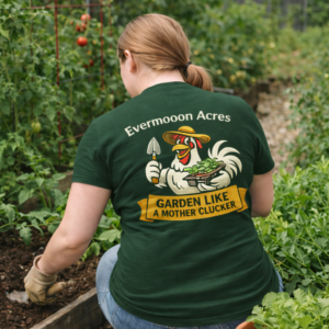 Gardening T-Shirt — "Evermoon Acres: Garden Like a Mother Clucker" Funny Farm Tee